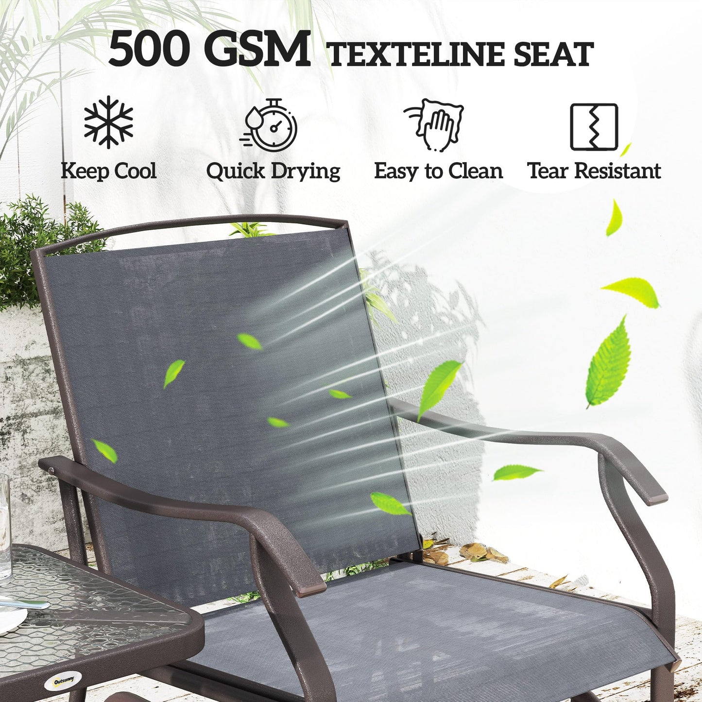 Outsunny 3 Piece Outdoor Glider Chair with Coffee Table Bistro Set, 2 Patio Rocking Swing Chairs with Breathable Sling Fabric, Glass Tabletop, for Backyard, Garden and Porch, Gray