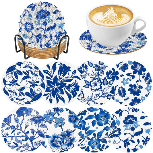 Blue Floral Diamond Art Coasters, 8pcs Blue and White Chinoiserie Floral Diamond Painting Coaster Kit, Elegant Flower Diamond Art with Holder Cork Pads, DIY Craft for Adults Beginners Home Decor Gifts