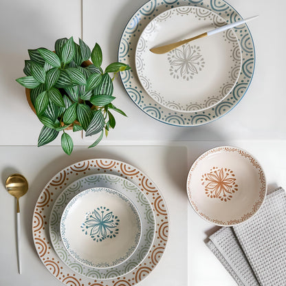 Sango 12-Piece Speckled Stoneware Dinnerware Set for 4- Glossy Plates and Bowls Set with Hand-Painted Floral Pattern, Rustic Ceramic Dish Set, Elegant Dishes for Everyday Dining, Siterra Glazed Garden