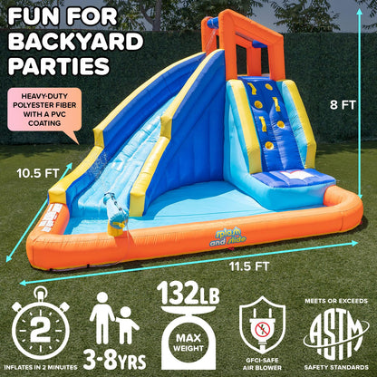Sportspower Big Wave II Large Outdoor Inflatable Water Slide with Climbing Wall & Splash Pool, Heavy Duty, ASTM Certified, on 400W Blower