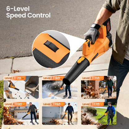 Leaf Blower Cordless, 650 CFM/170 MPH, 6-Speed Levels with 2 X 4.0Ah Battery, Handheld Leaf Blower, Electric Blowers for Lawn Care, Garden, Yard (Yellow & 2 Battery)