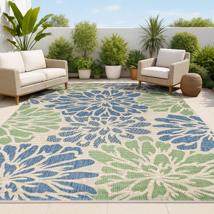 JONATHAN Y Floral Textured Weave Indoor Outdoor Area Rug 4X6 Navy/Green, Zinnia Modern for Backyard, Patio, Porch, Easy-Cleaning, High Traffic, Pet-Friendly, Non-Shedding (SMB110B-4)