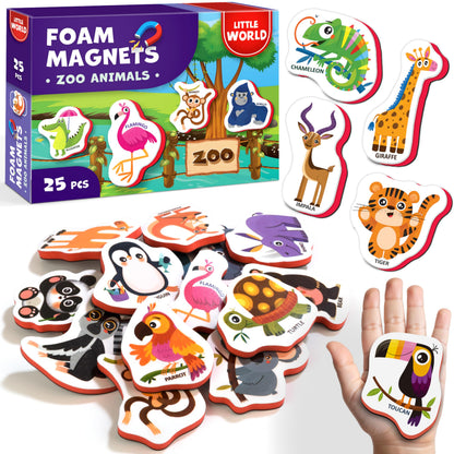 Little World Large Set of Safe and Durable Fridge Magnets for Toddlers 1-3 | Foam Refrigerator Magnets for Kids with Gift Box | Waterproof, Non-Toxic Zoo Magnetic Animals for Children and Babies 1+