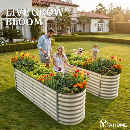 YITAHOME 8x2x2ft Large Raised Garden Bed Kit, 24" Tall 9 in 1 Galvanized Metal Planter Box with Gloves and Safety Rubber, Outdoor Above Ground Planters for Plants Vegetables Flowers, Cream Yellow