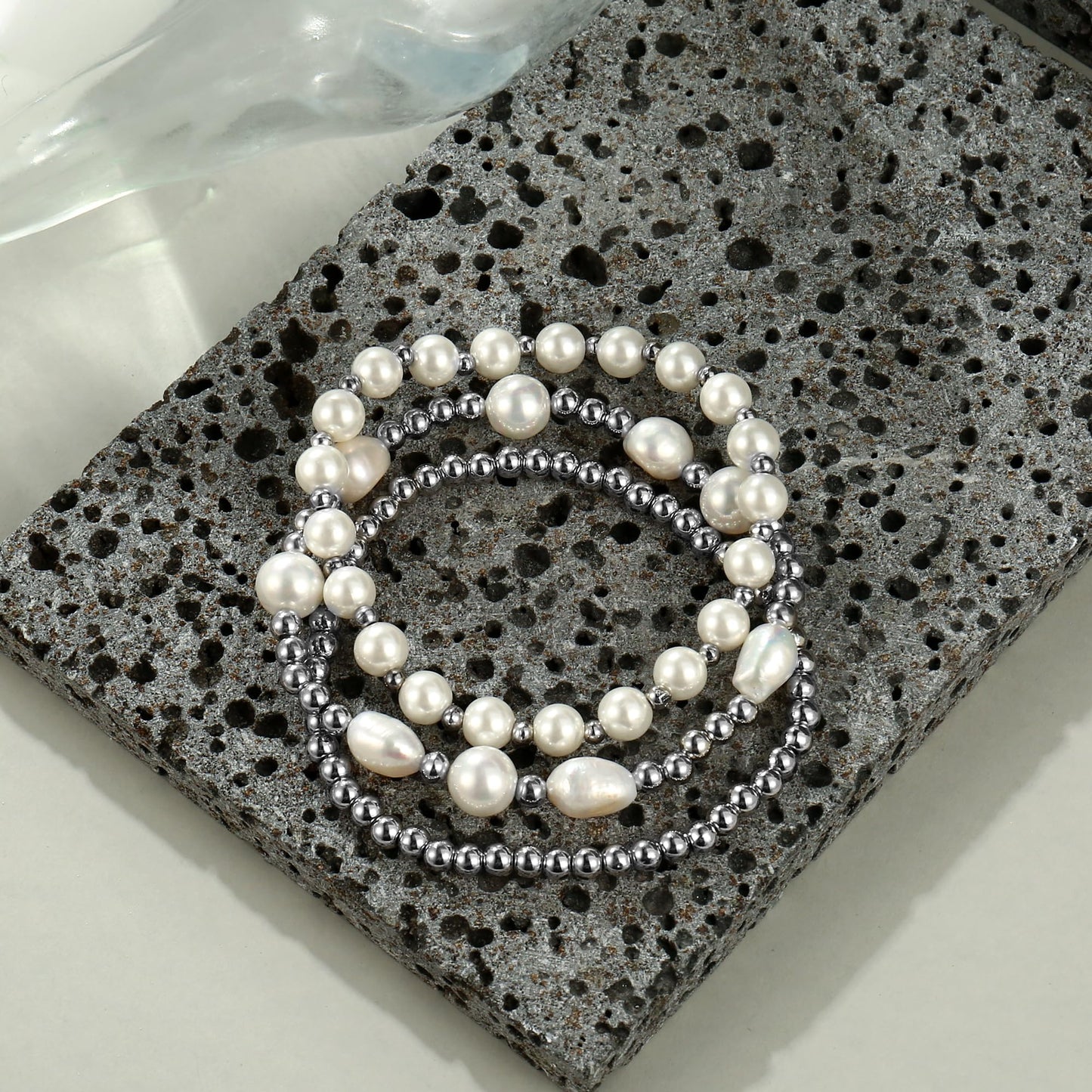 Silver Pearl Bracelets for Women Baroque Pearl Stackable Stretch Bead Ball Bracelet Jewelry Gifts （3PCS)