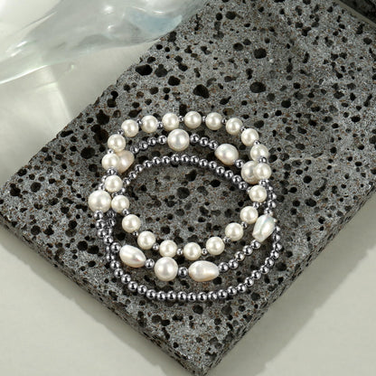 Silver Pearl Bracelets for Women Baroque Pearl Stackable Stretch Bead Ball Bracelet Jewelry Gifts （3PCS)