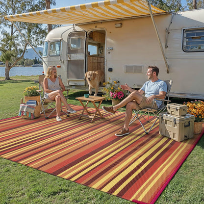 WondRg Outdoor Plastic Straw Rug Waterproof Patio 8x10 Red Orange Stripe Mat for Porch Camping RV Balcony Deck Courtyard Reversible Lightweight Durable Portable Carpet
