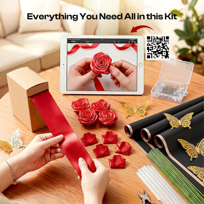 Caydo 1-1/2 Inch Red Ribbon for Flower Bouquet for Mothers Day Gifts, 50 Yards Satin Ribbon Flower Making Kit with Floral Stem Wire, Wrapping Paper, Glue Stick, 3D Butterfly & Diamond Pins