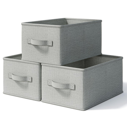 LayerSpace 3 Pack Fabric Storage Bins for Shelves | 14.75x10.25x8.25 in Storage Baskets | Fabric Closet Organizers with Handles Home Organization | Linen Clothes Storage Bins | Light Gray
