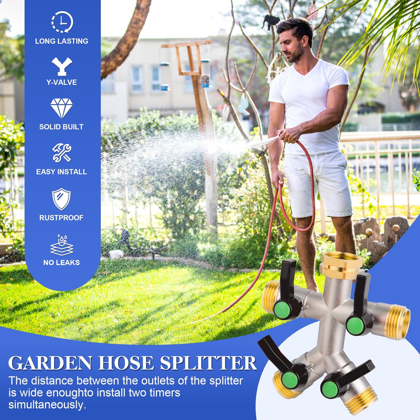 EJW Hose Splitter 4 Way, Garden Hose Splitters, 4 Way Faucet Splitter, Water Spigot Splitter, RV Brass Hose Splitter,Heavy Duty Garden Hose Splitter, Hose Valve 3/4 Inch GHT Thread.