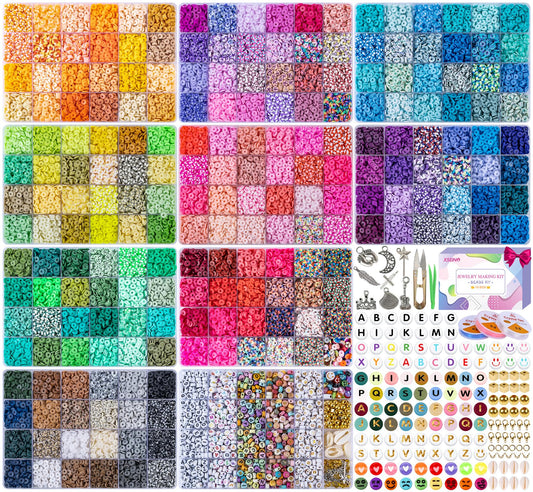 XSEINO 46000Pcs Clay Beads - 216Colors 10Boxes Clay Beads, 5 Styles Letter Beads,with Rich Making Accessories and 3 Rolls Crystal Cord,for Crafts