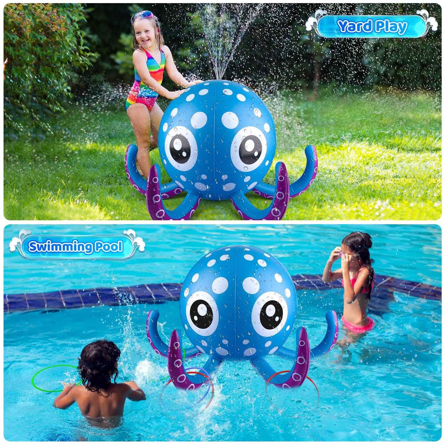 Sprinkler for Kids Inflatable Octopus Water Toys with 6 Rings, Summer Outdoor Toys Backyard Water Spray Sprinkler Fun Pool Toys for 3 4 5 6 Years and Up Boys Girls Gifts