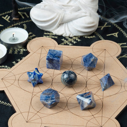 ZAICUS Sodalite 7 Pcs Platonic Solids Crystal Geometry Set, Platonic Solids Sacred Geometric Stones for Meditation Reiki Balancing Healing Chakra Stone Cleansing Spiritual Good Luck (15-20 mm)
