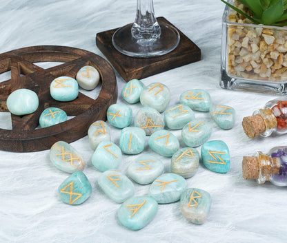 Crocon Amazonite Rune Stones Sets for Beginners with Elder Futhark Alphabets for Healing Chakra Crystals Reiki feng Shui Gemstone Runes Set Size: 15-20 mm with a Pouch & Rune brochure