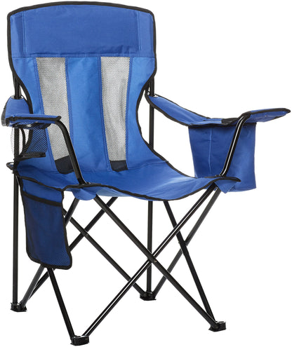 Amazon Basics Portable Folding Camping Chair with 4-Can Cooler, Side Pocket, Cup Holder, and Carry Bag, Sturdy, Breathable Mesh Back, Large, Blue