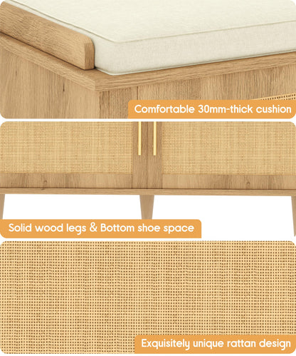 Akxomel Rattan Shoe Storage Bench with Cushion, 2-Tier Entryway Bench with Adjustable Shelves and 2 Doors, 15" D x 31.5" W x 20" H, Solid Wood Legs, for Hallway, Living Room, Bedroom, Natural Oak