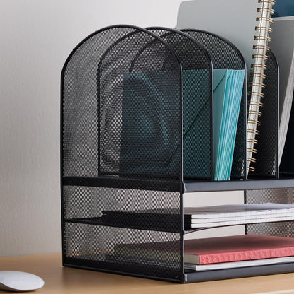 Safco Onyx Desk Organizer, 6 Vertical Compartments and 2 Trays, Office and Classroom Mailbox , Paper and Mail Sorter, Steel Mesh, Black