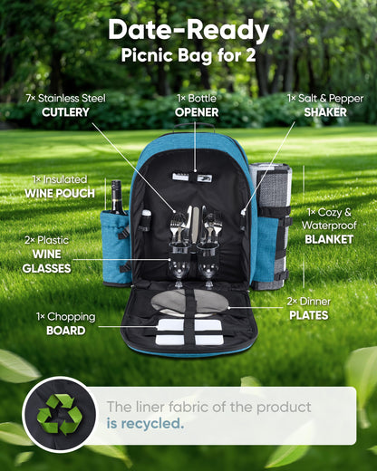 PL Harmony Picnic Backpack for 2 - All-in-One for Couples [with Picnic Blanket & Portable Wine Table] - Waterproof 32L - Insulated Picnic Set - Cooler Pouch & Wine Holder - Dating, Outdoor & Camping