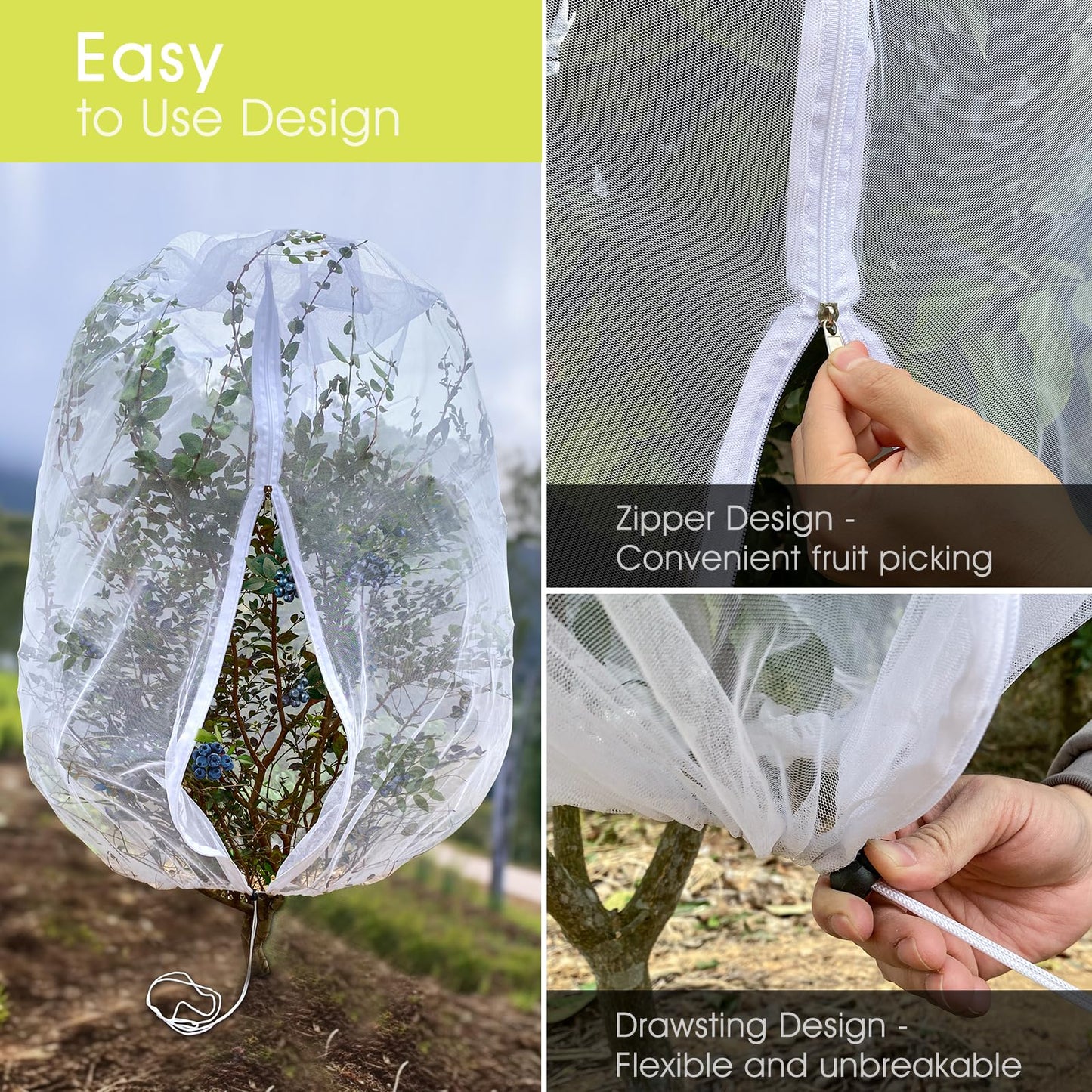 Fruit Tree Netting, RIFNY 3.9 X 3.3 FT Blueberry Bush Netting Cover with Zipper Drawstring, Outdoor Mosquito Net Garden Netting Cover Protector Plant from Birds Cicadas Animals Insect (4 PCS, White)