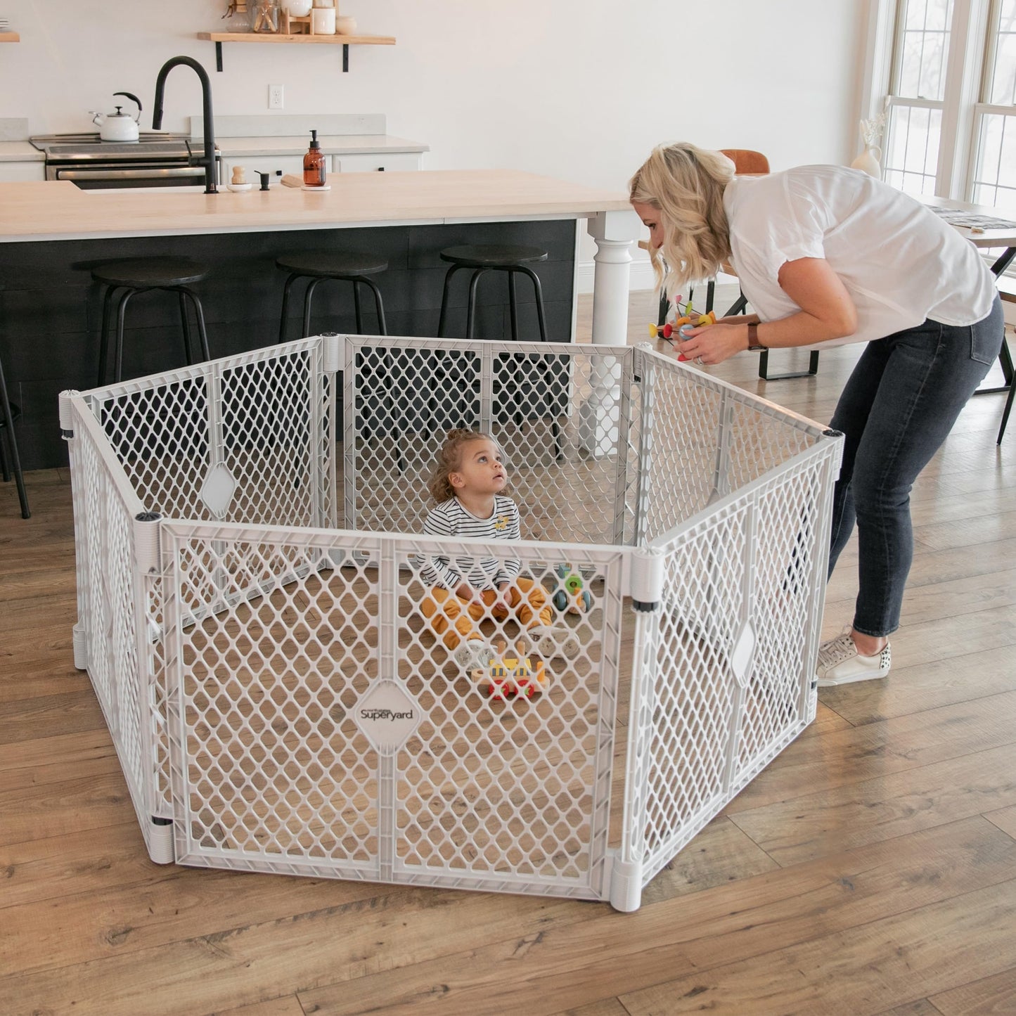 Toddleroo by North States - Superyard Baby Play Yard: Freestanding 6-Panel Baby Playpen - Indoor or Outdoor Use - Made in USA - Encloses Up to 18.5 Square Feet - 26 Inches Tall - Light Gray