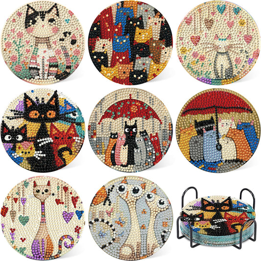 HMZephitiquc Cat Diamond Painting Coasters Kit, 8 Pcs Diamond Art Cat Coasters with Holder, 5D Small Gem Art Kit Easy Crafts, Non Slip Coaster for Home Decor Gift