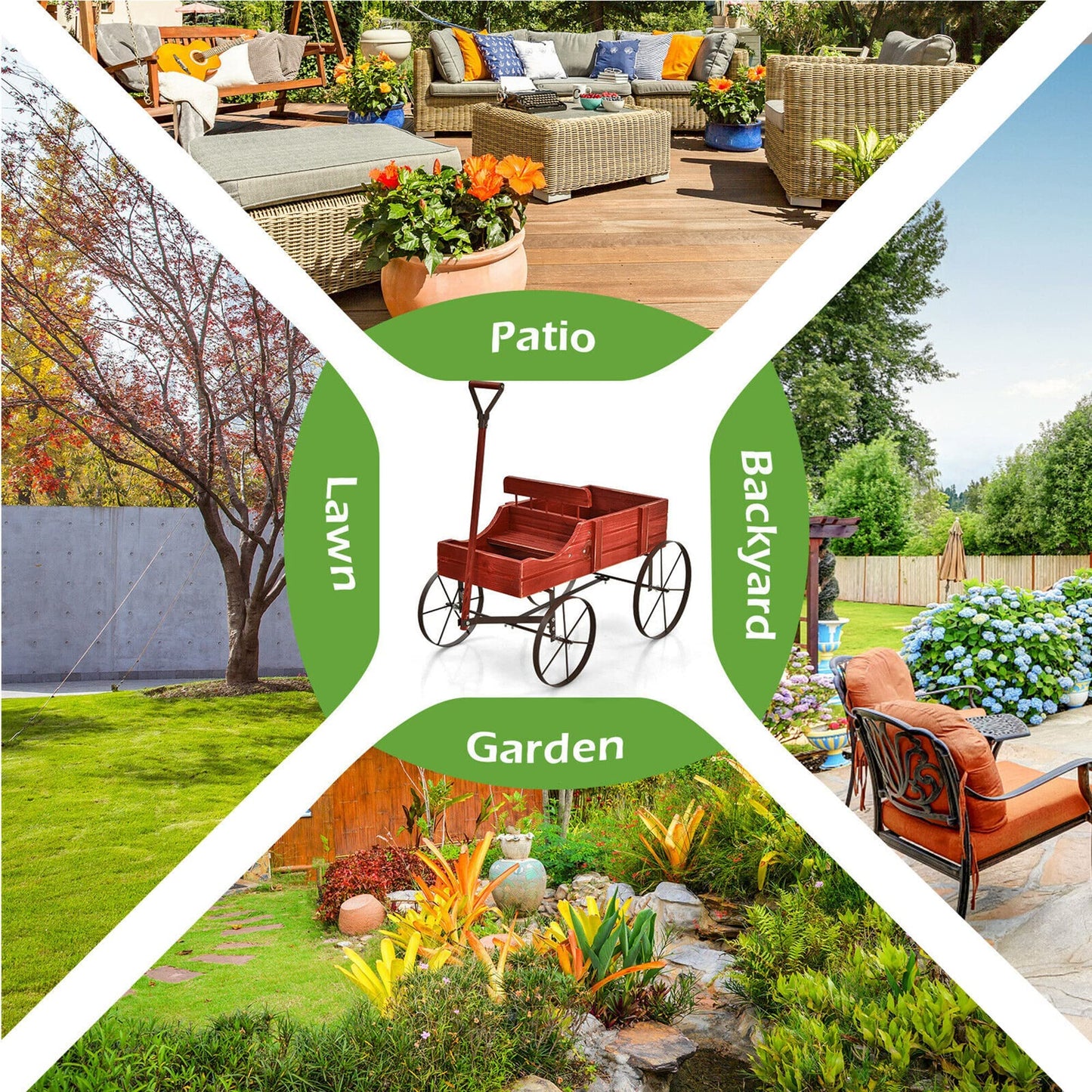 DORTALA Wood Wagon Planter, Outdoor Garden Flower Planter Cart with Wheels, Small Decorative Wood Raised Bed Plant Pot Box Stand for Backyard, Patio, Balcony, Red