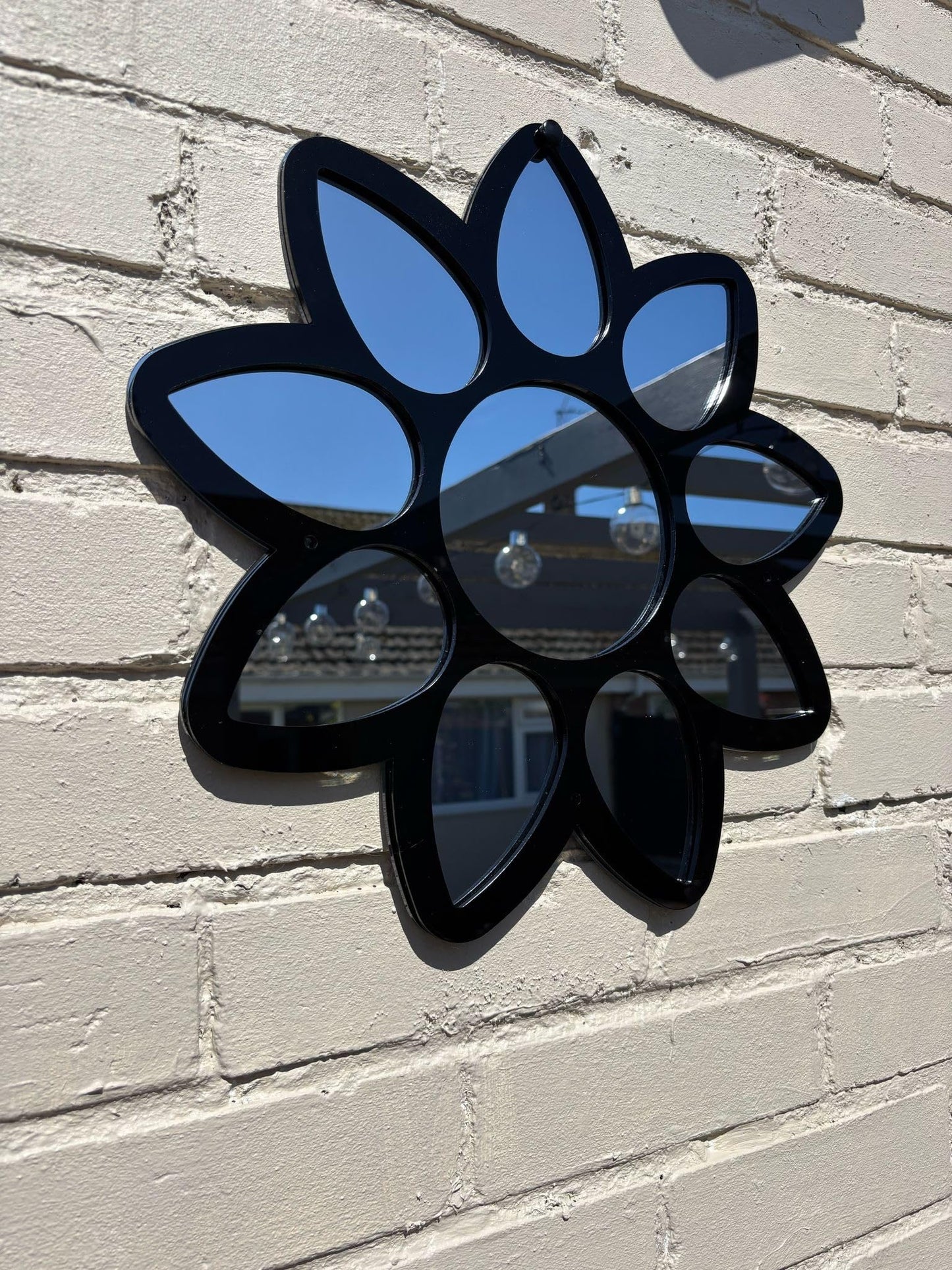 Servewell Outdoor Garden Wall Mirror, Decorative Flower Design, Black Frame, 30cm