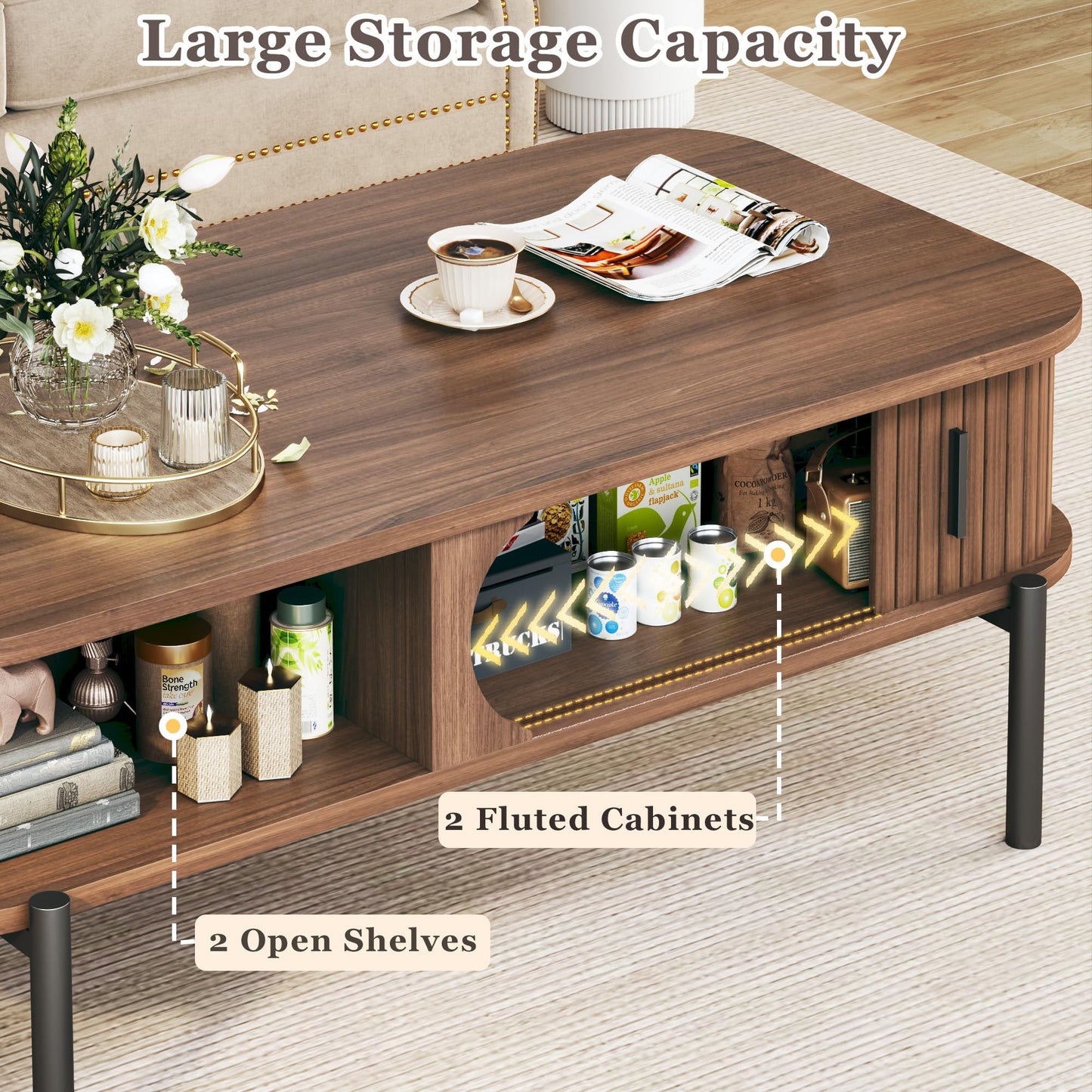 Coffee Table, 39.4" Mid Century Modern Coffee Tables for Living Room, Coffee Table with Storage Open Shelf, Fluted Table with Sliding Cabinet Door, 2-Tier Rustic Wood Desktop, Walnut