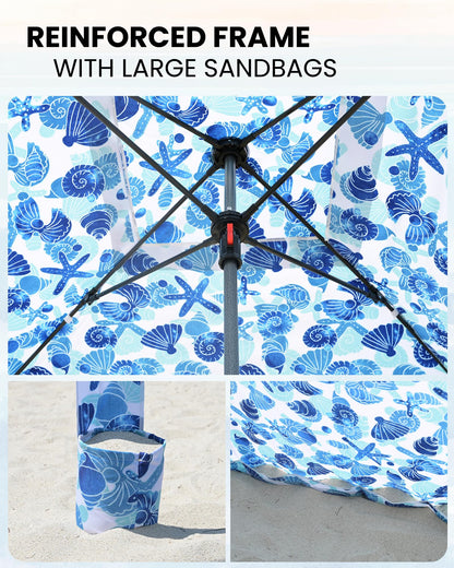 Qipi Beach Cabanas for Sand, Beach Canopy with Sandbags & Side Wall for Family, Easy Set Up Sun Shelter, UPF 50+ UV Protection with Roof Vent 6' x 6' A-Sea Life