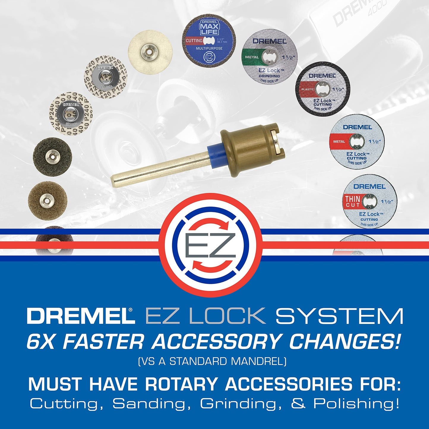 Dremel EZ406-02, EZ - Lock Starter Kit, 1 1/2-Inch (38.1 mm) Wheel Diameter, 5 Piece Fiberglass Reinforced Cut-Off Wheels and EZ402 Mandrel Included, Rotary Tool Cutting Disc Accessories