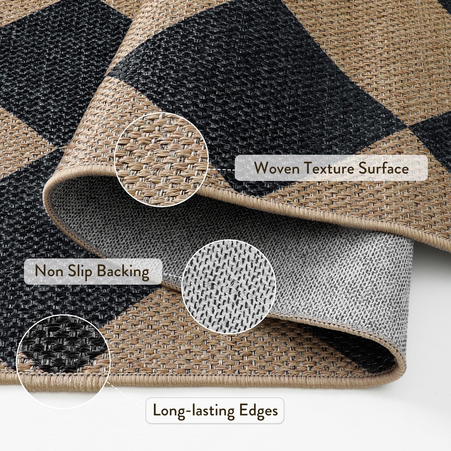 Lahome Colette Checkered Easy Jute 3x5 Outdoor Patio Rug, Washable Rugs for Entryway Diamond Indoor Outdoor Living Room Carpet, Farmhouse Neutral Non Slip Black Door Carpet for Backyard Bedroom