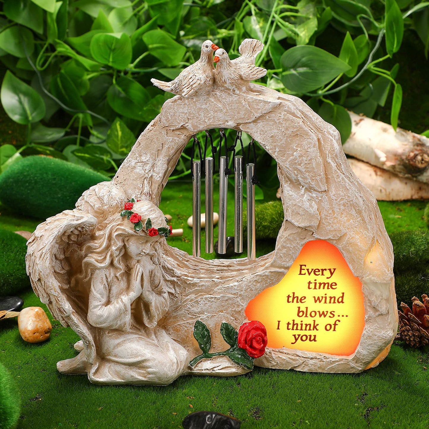 Jetec Praying Angel Wind Chime Statue Garden Angel Memorial Wind Chime Statue Mini Home Decor Resin Figurines Solar Figurines Light for Home Garden Decoration(Elegant Style)