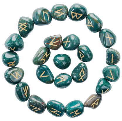 Crocon Green Bloodstone Rune Stones Set Engraved with Elder futhark Crystal Runes Set, Reiki Healing runas for Meditation Chakra Balancing Rune Stone for Beginners with Crystal Guide & Pouch 15-20 mm