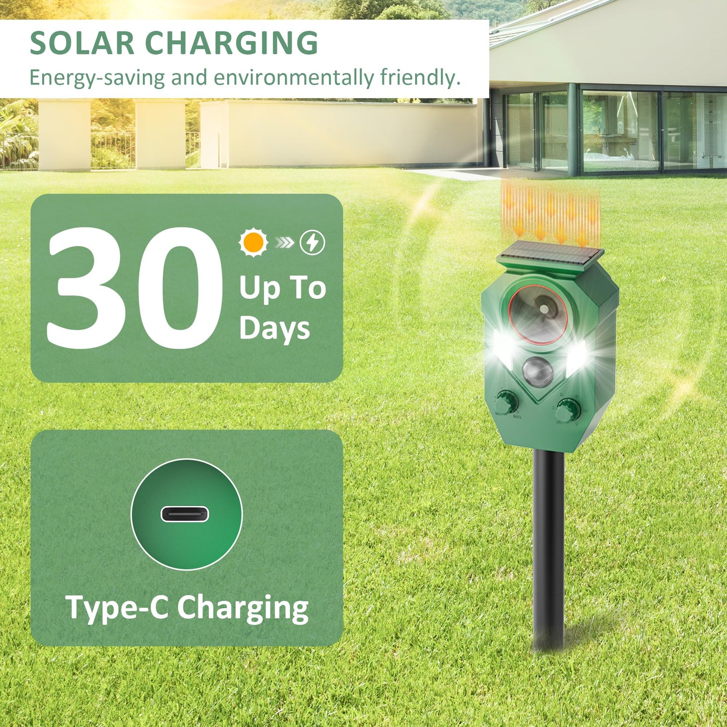 2-Pack Solar Powered Ultrasonic Animal Repeller, Outdoor Waterproof Deer Squirrel with Motion-Activated Sensor Strobe Light, for Cats, Raccoons, Skunks, Rabbits and More