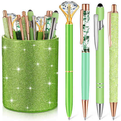 Sabary 8 Pcs Green Pens with Pen Holder for Desk Glitter Crystal Diamond Cute Ballpoint Fancy Pencil Holder Bling Desk Organizer for Women Girls School Office Supplies Wedding Graduation Gifts