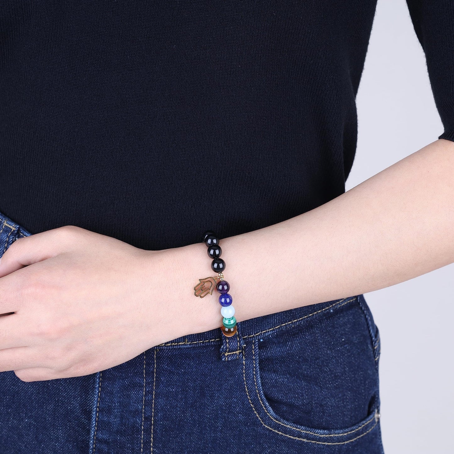 COAI Hamsa Hand Bracelet 7 Chakra Balancing Bracelet Black Tourmaline Bracelet for Women Men