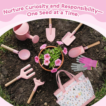 Cossy Kids Gardening Set, 13PCS Garden Tool Kit for Kids and Toddlers Boys Girls, Includes Tote Bag, Watering Can, Shovels, Rake, Kids Gardening Gloves, Apron and More, Pink
