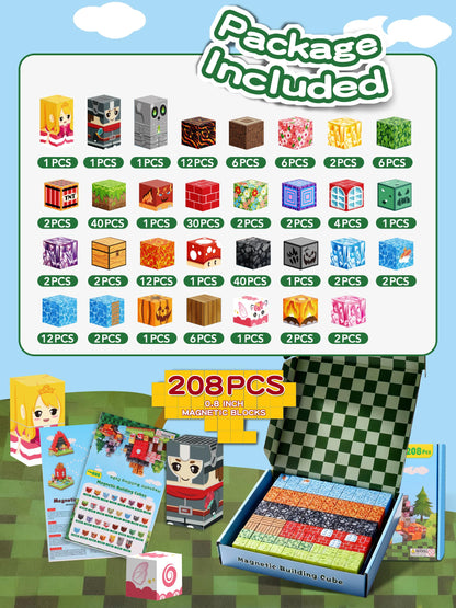 208 PCS Magnetic Building Blocks Toys Kids -0.8in 3D Magnetic Blocks Magnet Build Cubes Boys STEM Constructions Sensory Stacking Toy Set Girls Age 3+,4,5,6,7,8,9,10,11,12 Christmas Birthday Gifts