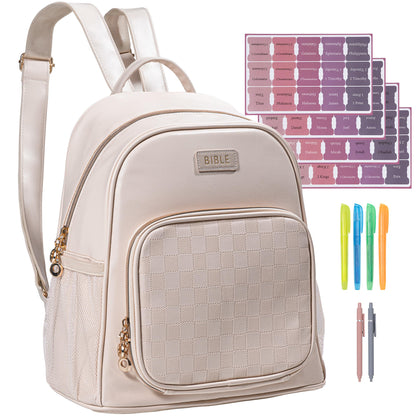 Premium Bible Backpack Set for Women - Stylish Checkered PU Leather Bible Bag with 72 Bible Tabs, 4 Highlighters & 2 Pens - Ideal for Church, Study & Travel