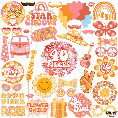 KatchOn Groovy Photo Booth Props - Pack of 40, 60s & Retro Props for Two, Hippie Party Decorations