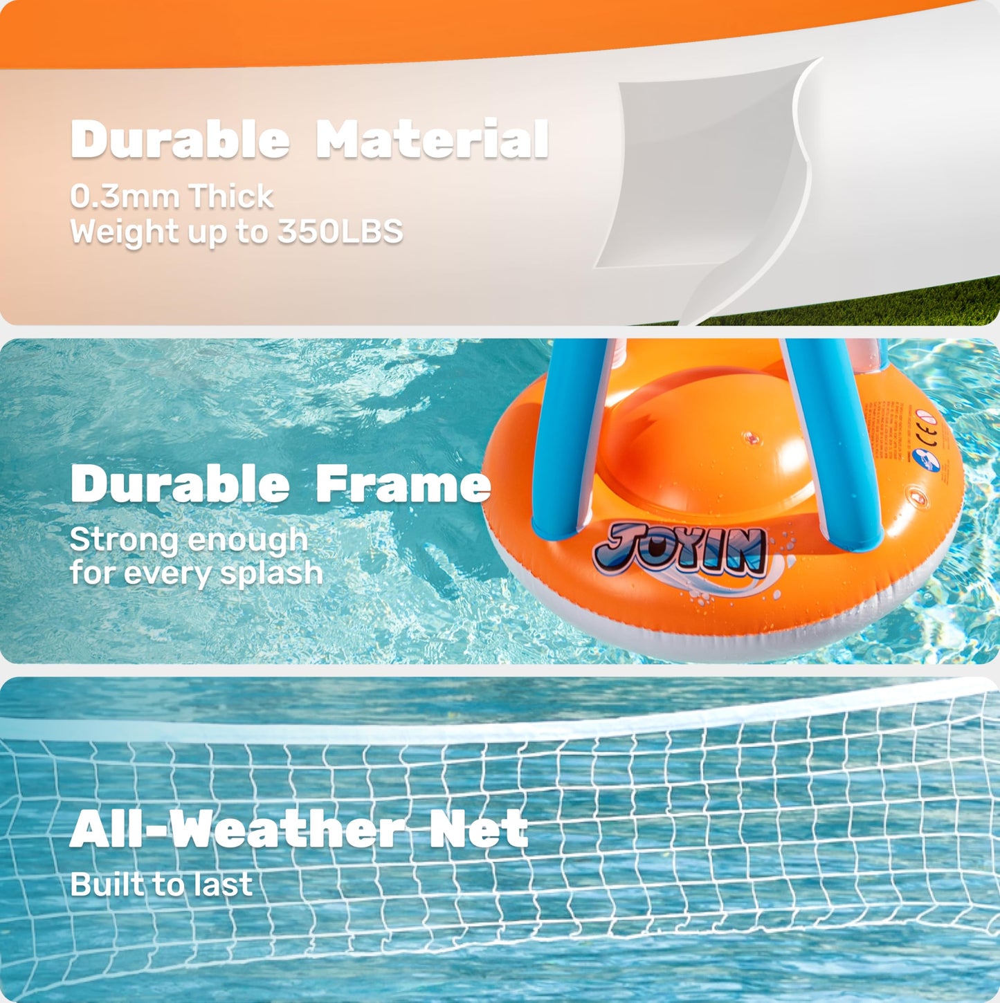 JOYIN Inflatable Pool Float Set Volleyball Net & Basketball Hoops, Floating Swimming Game Toy for Kids and Adults, Summer Floaties, Volleyball Court (105”x28”x38”)|Basketball (27.6”x23”),L-Orange