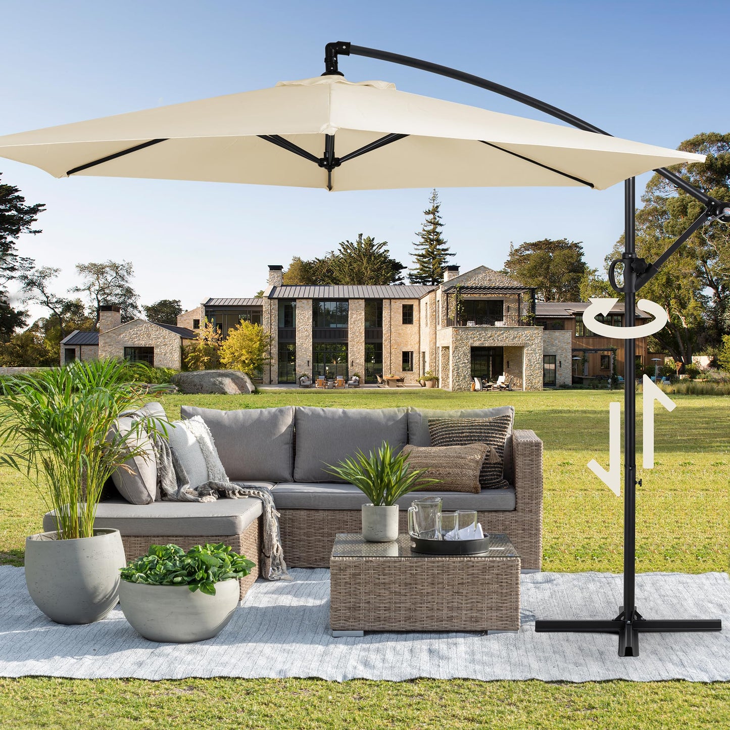 Cantilever Umbrella Patio Outdoor, Offset Hanging Patio Umbrella with Easy Lift & Tilt Adjustment, Crank and Cross Base, UV Protection Fade Resistant for Deck, Pool, Garden, Cream White