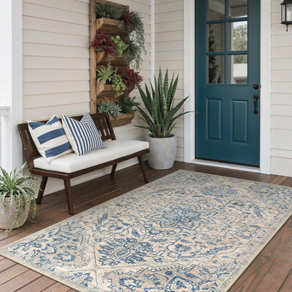 GENIMO Outdoor & Indoor Area Rug 5'x8', Waterproof, Non-Shedding, Easy Cleaning, Boho Front Door Mat for Patio, Entryway, Porch, Living Room, Bedroom, Bathroom, Outside Carpet Beige Blue