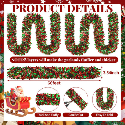 66 Ft Christmas Tinsel Garland Thick Tinsel Garland Xmas Tree Decorations Metallic Tinsel Twist Garland for Christmas, Birthday, Party Decor Indoor Outdoor Party Supplies (Green-Red)