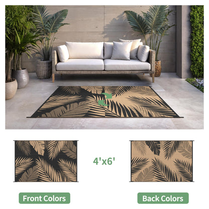 sarben Outdoor Rug 4’x6’ Waterproof for Patio Clearance, Reversible Indoor Outdoor Plastic Straw Camping Rug Carpet, RV Mat, Large Area Rug for Deck, Backyard, Balcony, Porch, Beach, Black & Brown