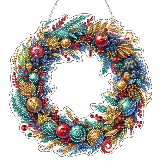 JJFox Diamond Art Hanging Kit for Adult,Special Shaped Rhinestone,DIY Acrylic Diamond Art Painting Window Pendants Home Garden Wall Hanging Kits Hanging Ornament,Double Sided (Christmas wreath2)
