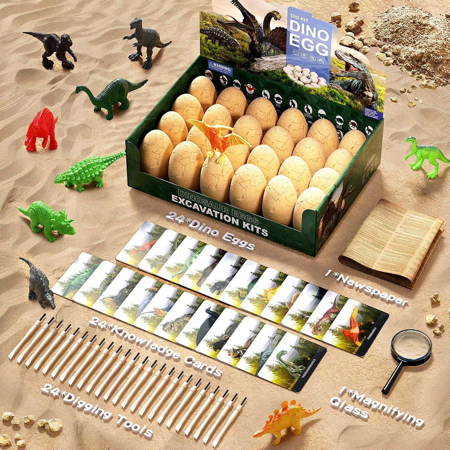 24 Dinosaur Eggs Dig Kit Toys for Kids, Dinosaur Eggs Excavation Kit with Magnifier, Easter Basket Stuffers, Science STEM Birthday Party Favors Gifts for Boys Girls Age 3 4 5 6 7 8 9 10 + Years Old