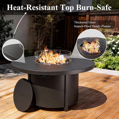 ASJMR 48 Inch Round Propane Fire Pit Table, 55000 BTU Auto-Ignition Gas Fire Pit with Steel Tabletop, Adjustable Flame, Windshield, Lid & CSA Certification for Patio Backyard Garden