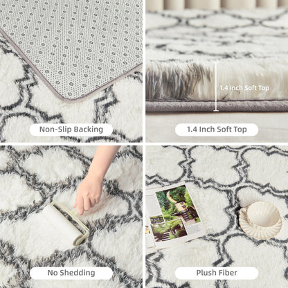 Litanika 4x6 Geometric Shag Area Rug for Bedroom, White and Grey High Pile Ultra Soft Plush Shaggy Furry Bedside Playroom Dorm Carpet, Non-Slip, Non-Shedding Indoor Floor Rug