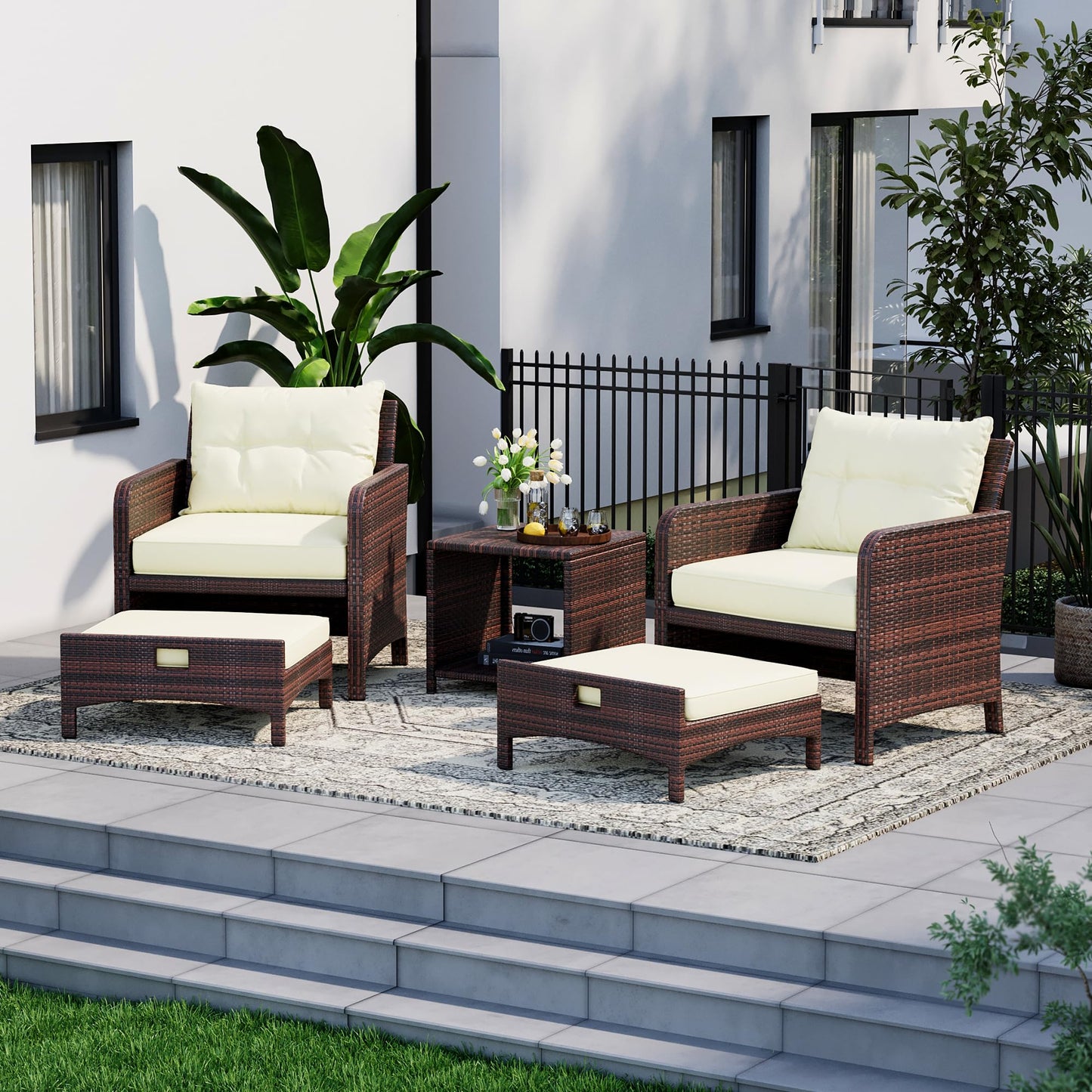 PATIOPIA 5 Piece Patio Furniture Set, All-Weather Patio Furniture with Soft Cushions, PE Wicker Patio Sofa Set with Coffee Table and Ottoman, for Outdoor, Porch, and Balcony (Beige-Brown)